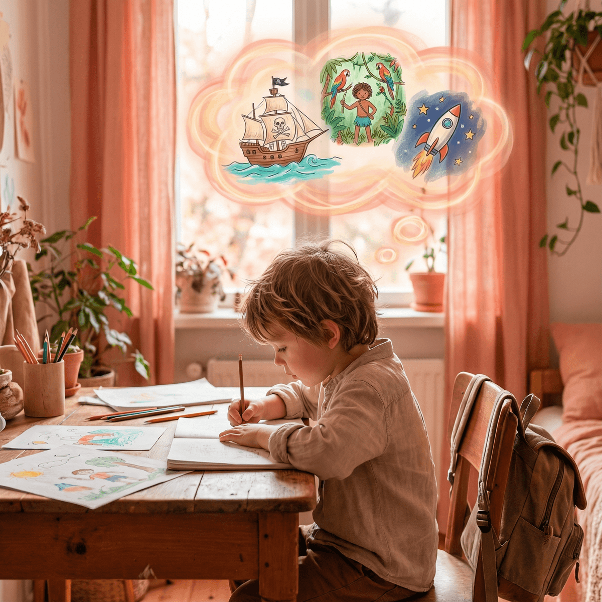 Child creating a storybook with imagination
